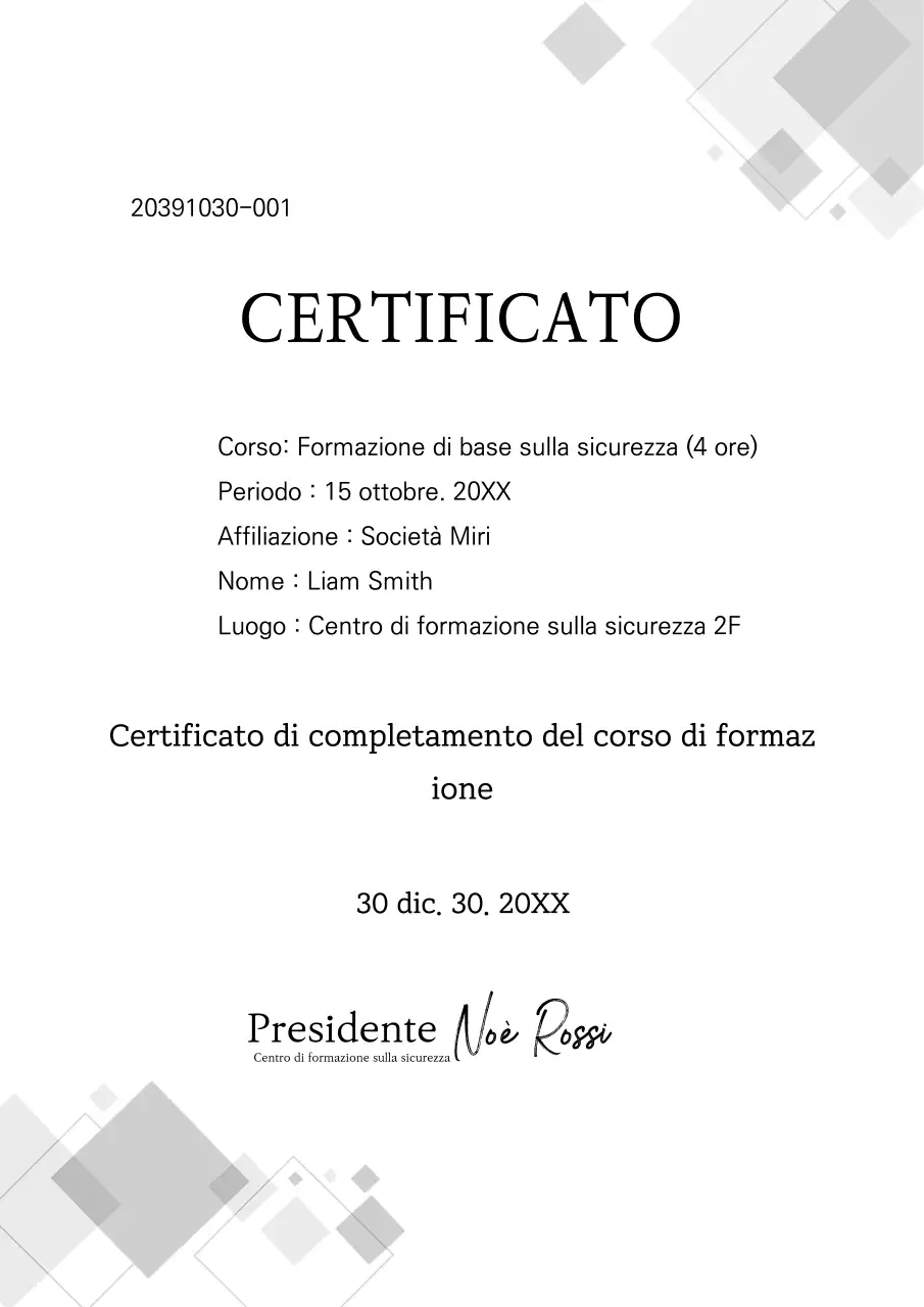 Certificato di formazione sulla sicurezza in modello grigio Certificato di formazione sulla gestione degli ascensori