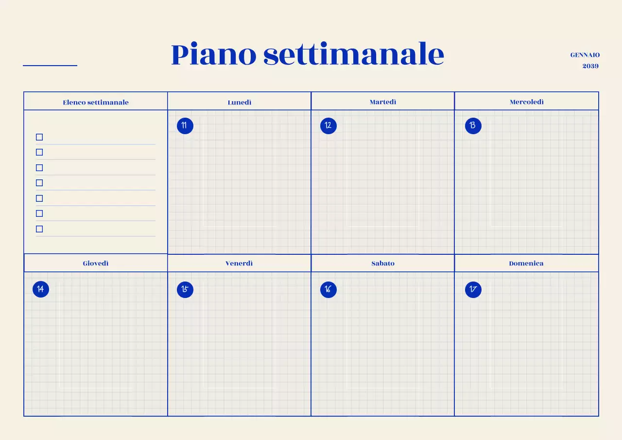 Buona nota Settimanale con concetto di griglia blu