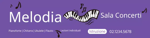 Illustrazione di un pianoforte viola che promuove una scuola di musica