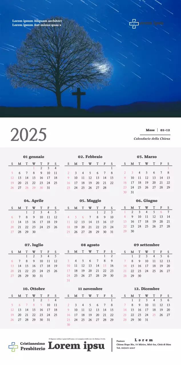 Calendario da parete della chiesa di semplice concezione in bianco e nero con foto religiose emozionali