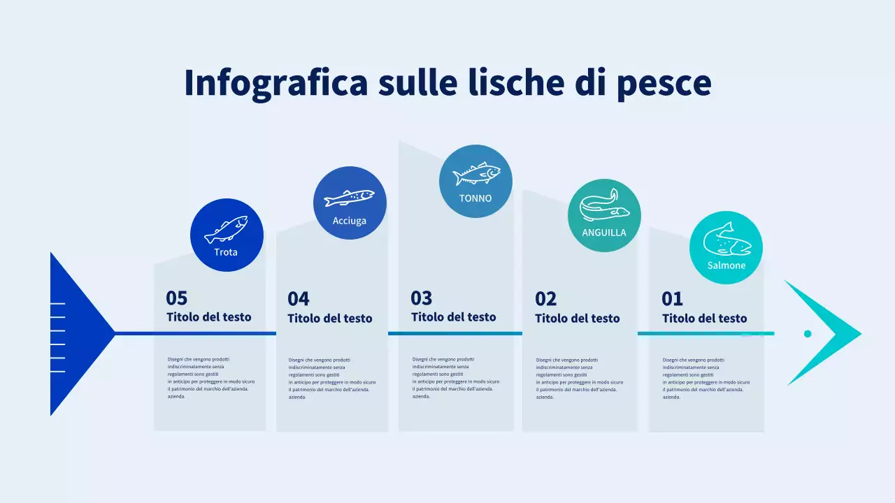 Semplice icona a forma di pesce in blu e azzurro Infografica sulle ossa di pesce