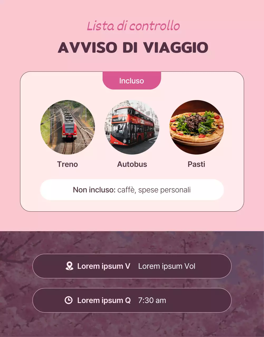 Graziose illustrazioni di fiori di ciliegio in rosa pastello per promuovere il viaggio