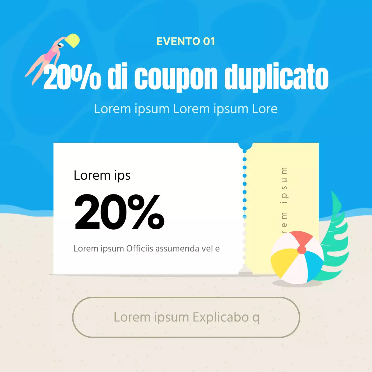 Promuovere un evento di saldi estivi tropicali in blu e giallo