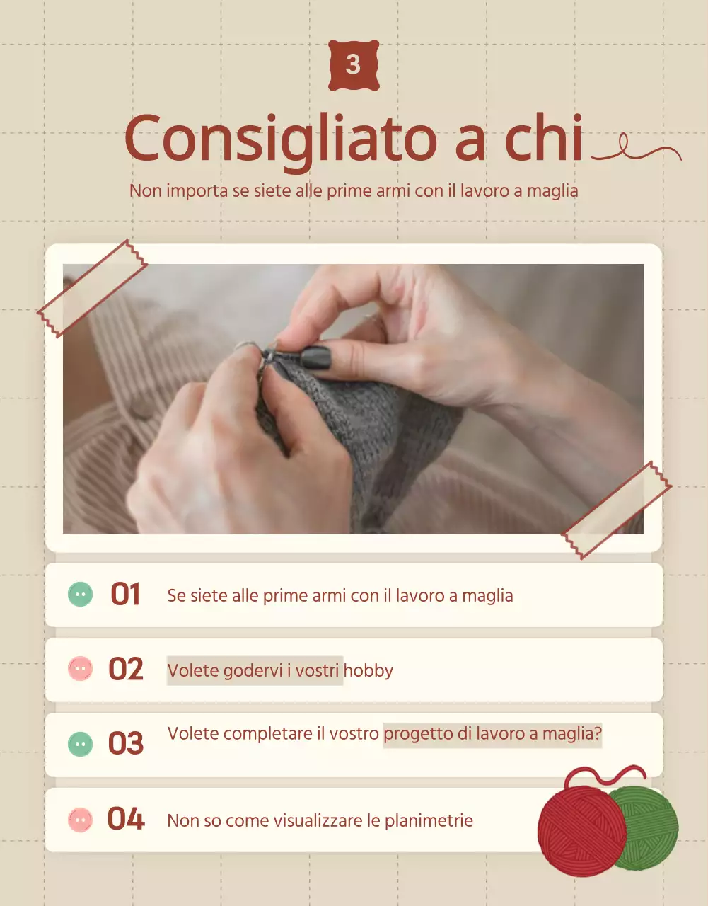 Promuovere il reclutamento per un corso di maglia in beige e rosso.