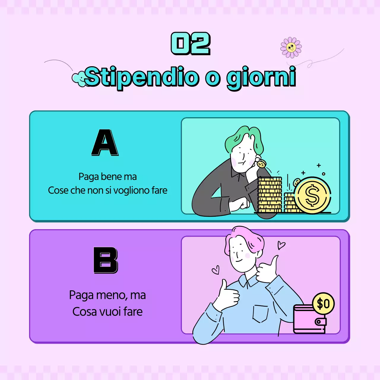 Gioco di equilibrio per impiegati di colore menta, viola e rosa CardNews