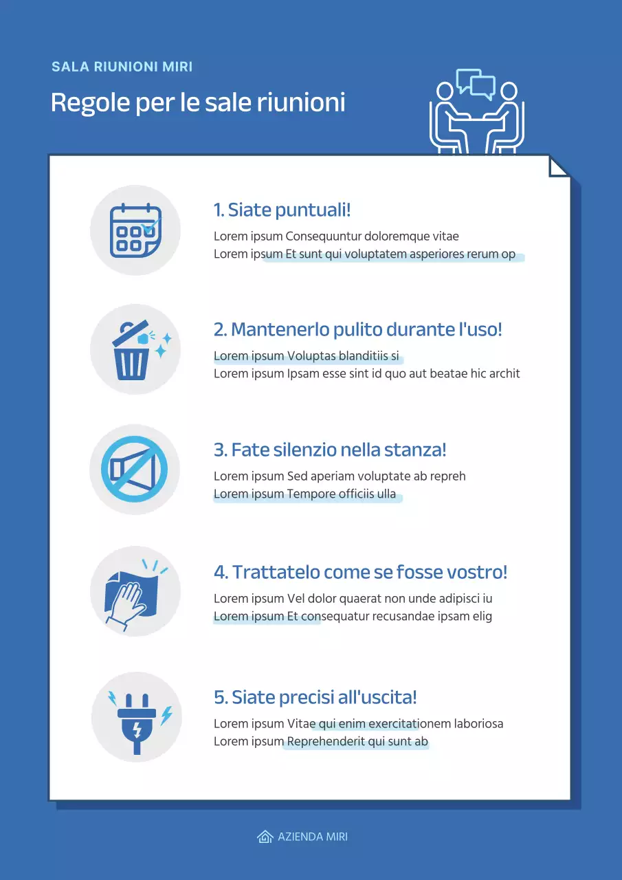 Semplici icone blu per la documentazione delle regole della sala riunioni