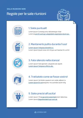 Semplici icone blu per la documentazione delle regole della sala riunioni
