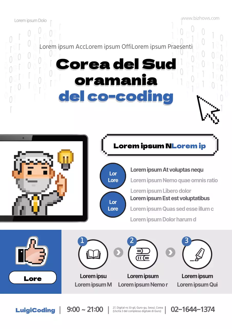 Volantino di una scuola di programmazione in bianco e blu.