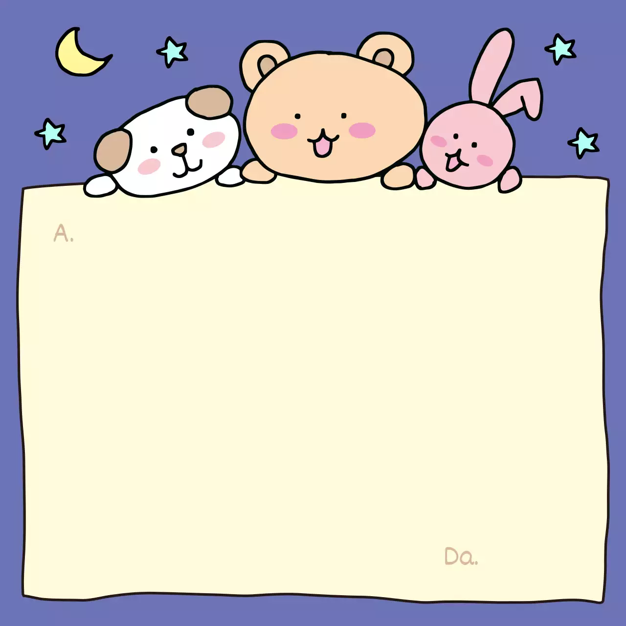 Un orsacchiotto e un cucciolo di coniglio viola e giallo su una trapunta, come un rozzo scarabocchio verde.