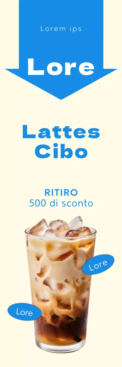 Una semplice promozione di un caffè, evidenziata da una freccia con un colore d'accento blu chiaro.
