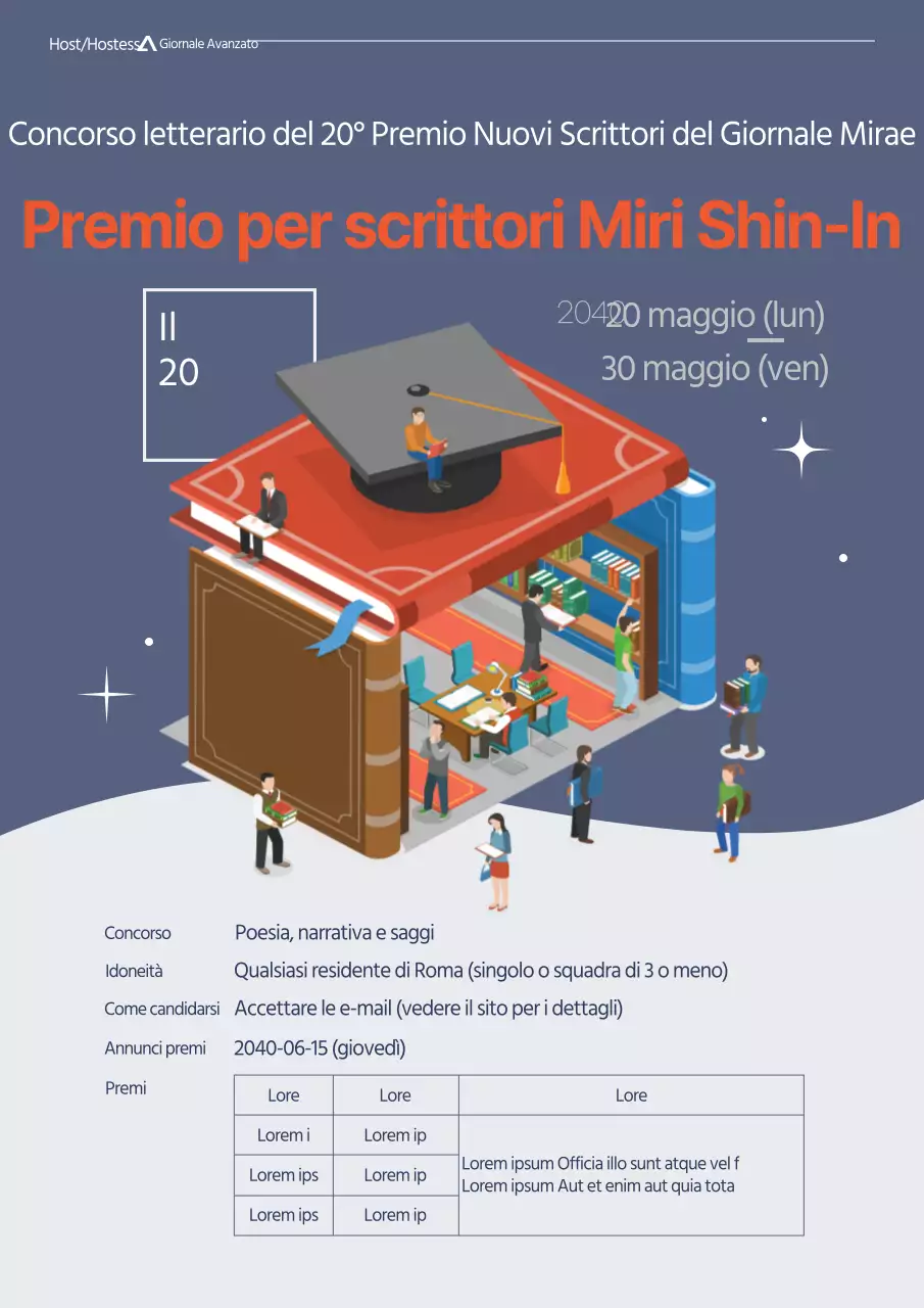 Illustrazione pulita con colori e rossi attenuati Documentazione di presentazione del New Writers Award letterario.