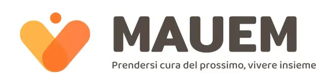 Logo del centro di prossimità con slogan di interesse per il quartiere in simboli gialli e arancioni