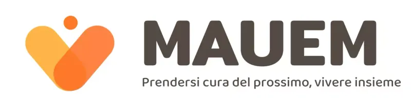 Logo del centro di prossimità con slogan di interesse per il quartiere in simboli gialli e arancioni