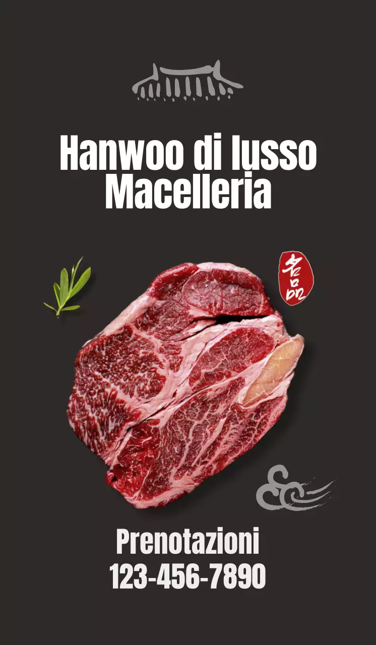 Promuovete un ristorante pulito di ispirazione coreana con immagini di carne coreana su sfondo nero.