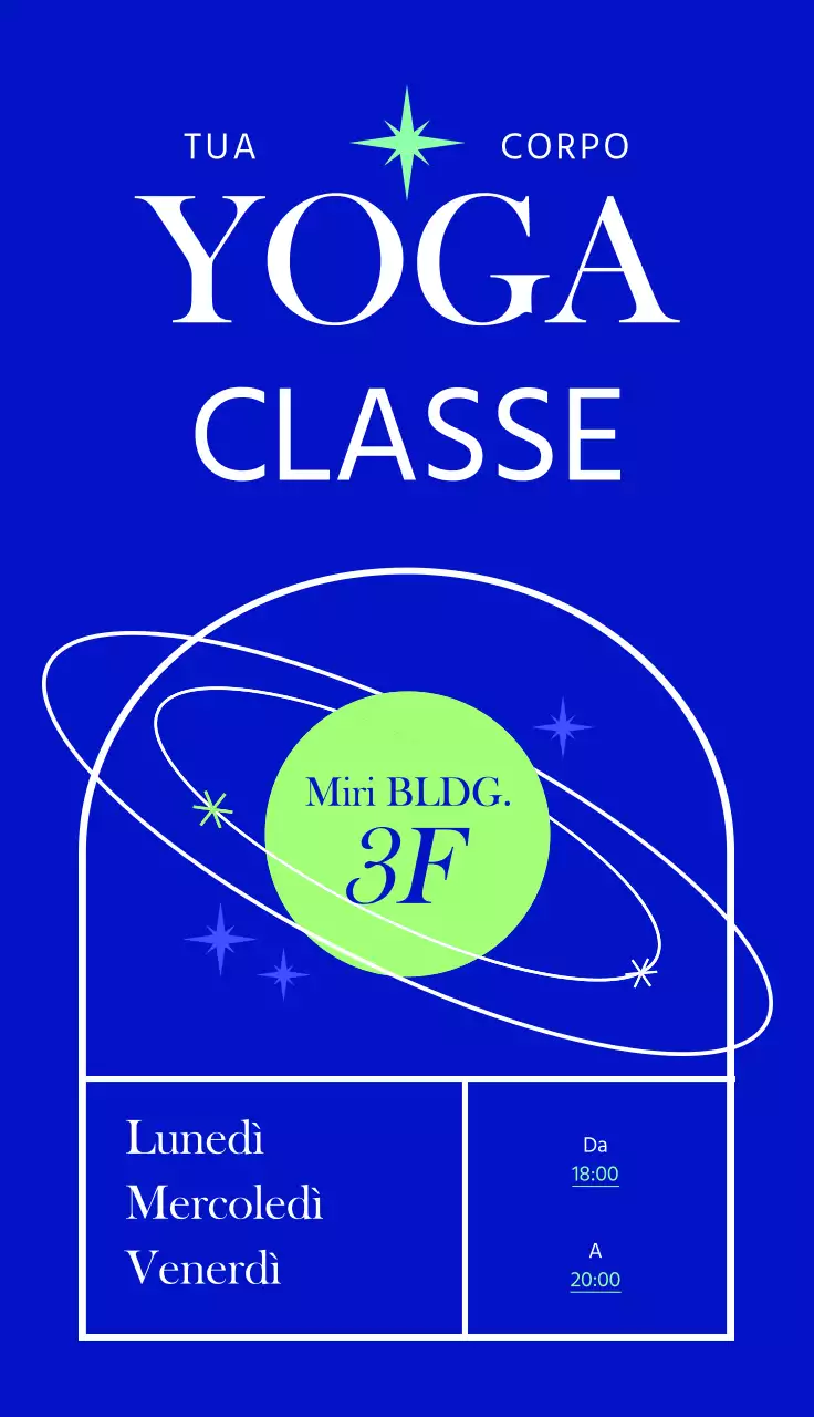 Un'insegna alla moda per uno studio di yoga con testo colorato e illustrazioni al tratto di forme e classi.