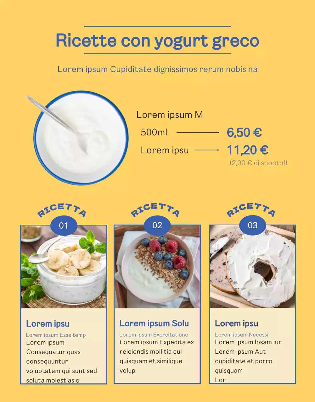 Pagina di dettaglio yogurt greco blu giallo vivido e pulito