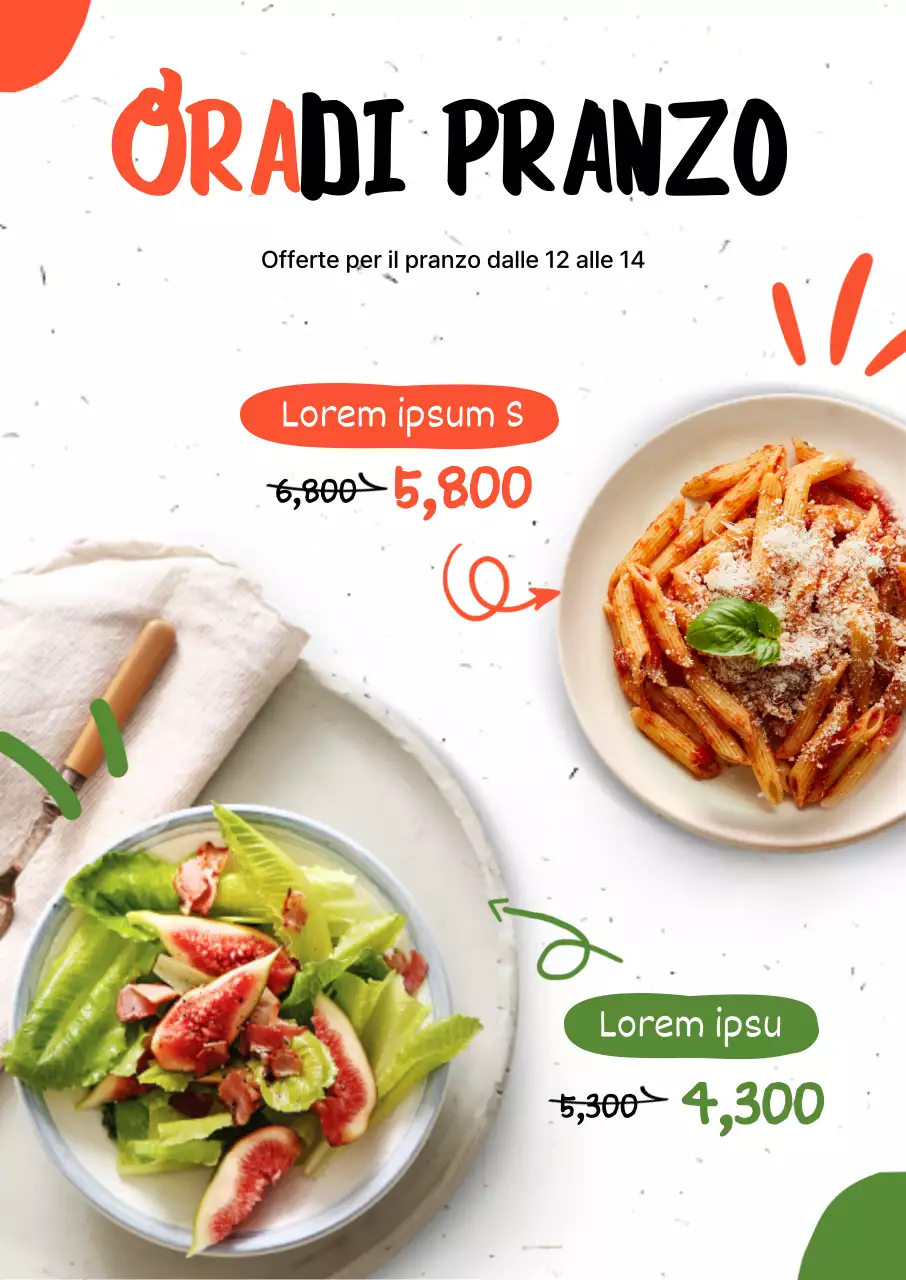 Utilizzate l'arancione e il verde per promuovere sconti sui menu di pasta e insalata