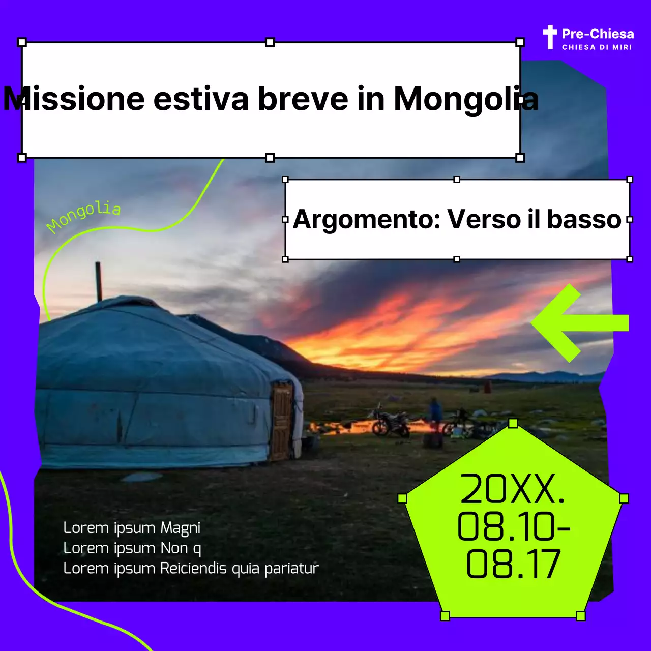 Promuovere le missioni a breve termine in una cornice di forma blu e chartreuse