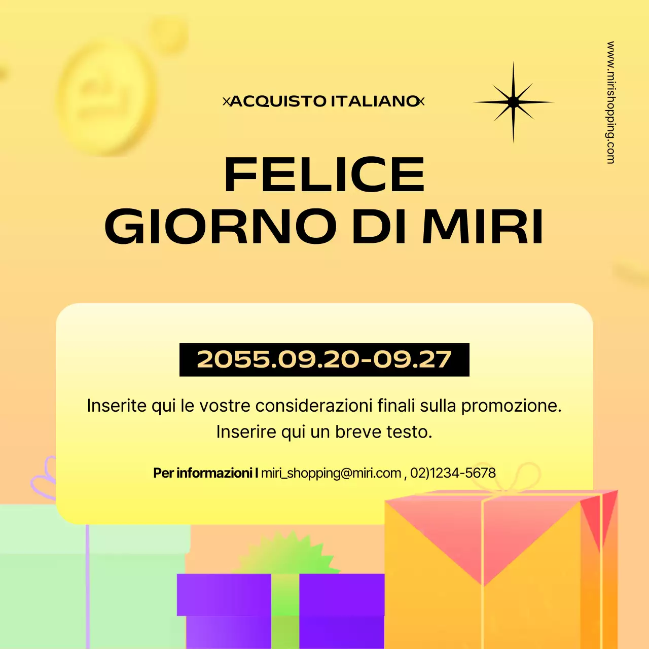 Semplice annuncio di promozione di un evento regalo in giallo e arancione