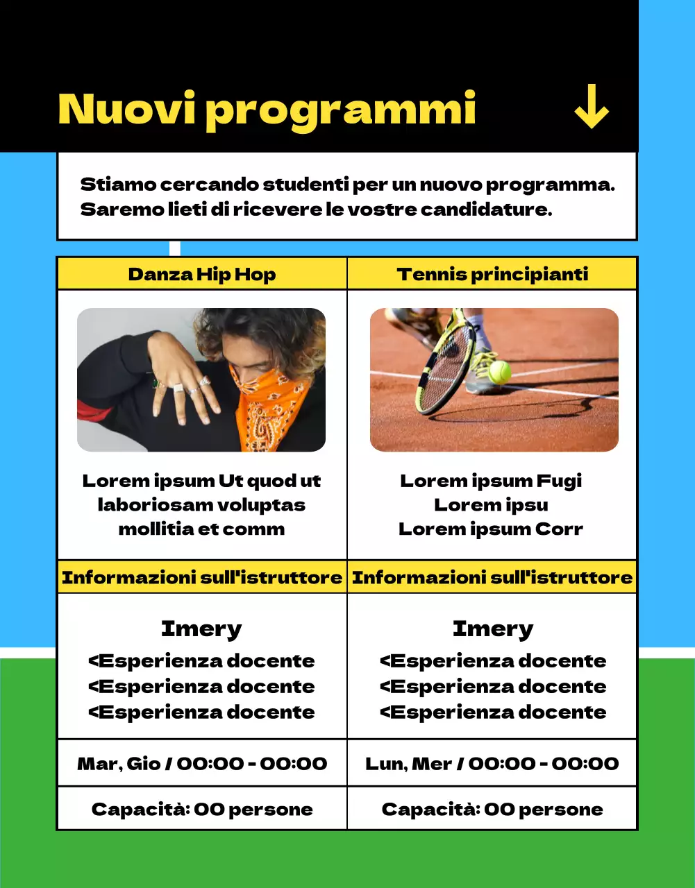 L'avviso di iscrizione al Centro sportivo blu-verde