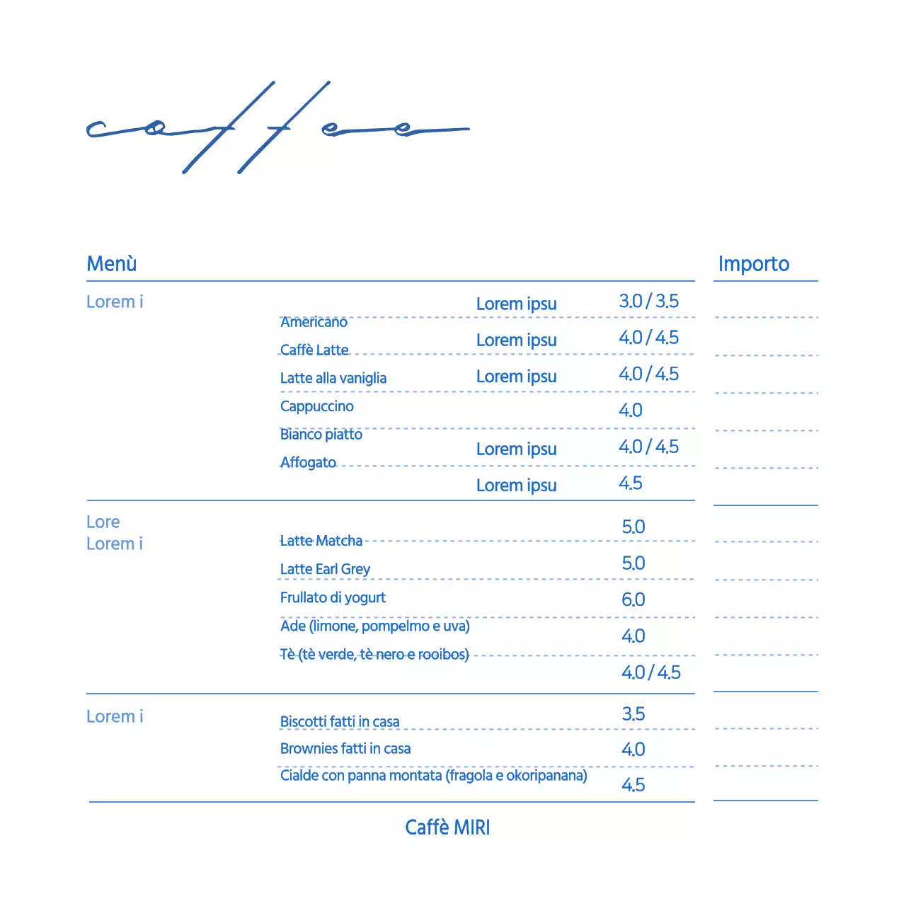 Bianco Blu Semplice Menu bevande del caffè
