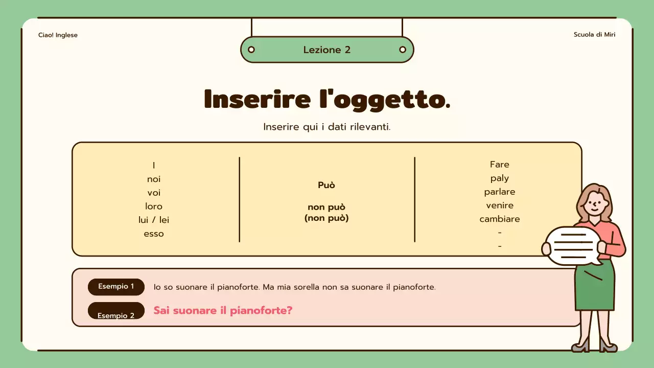 Lezioni di inglese con simpatiche illustrazioni in beige e verde