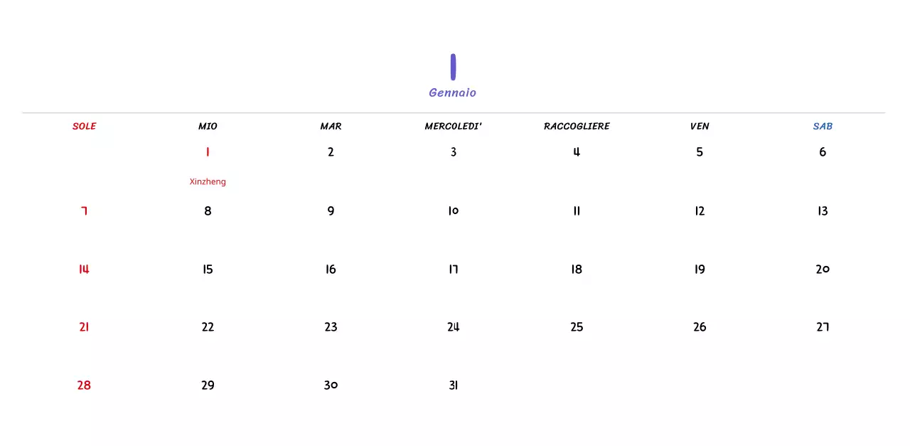 Calendario di Capodanno con simpatiche illustrazioni al tratto