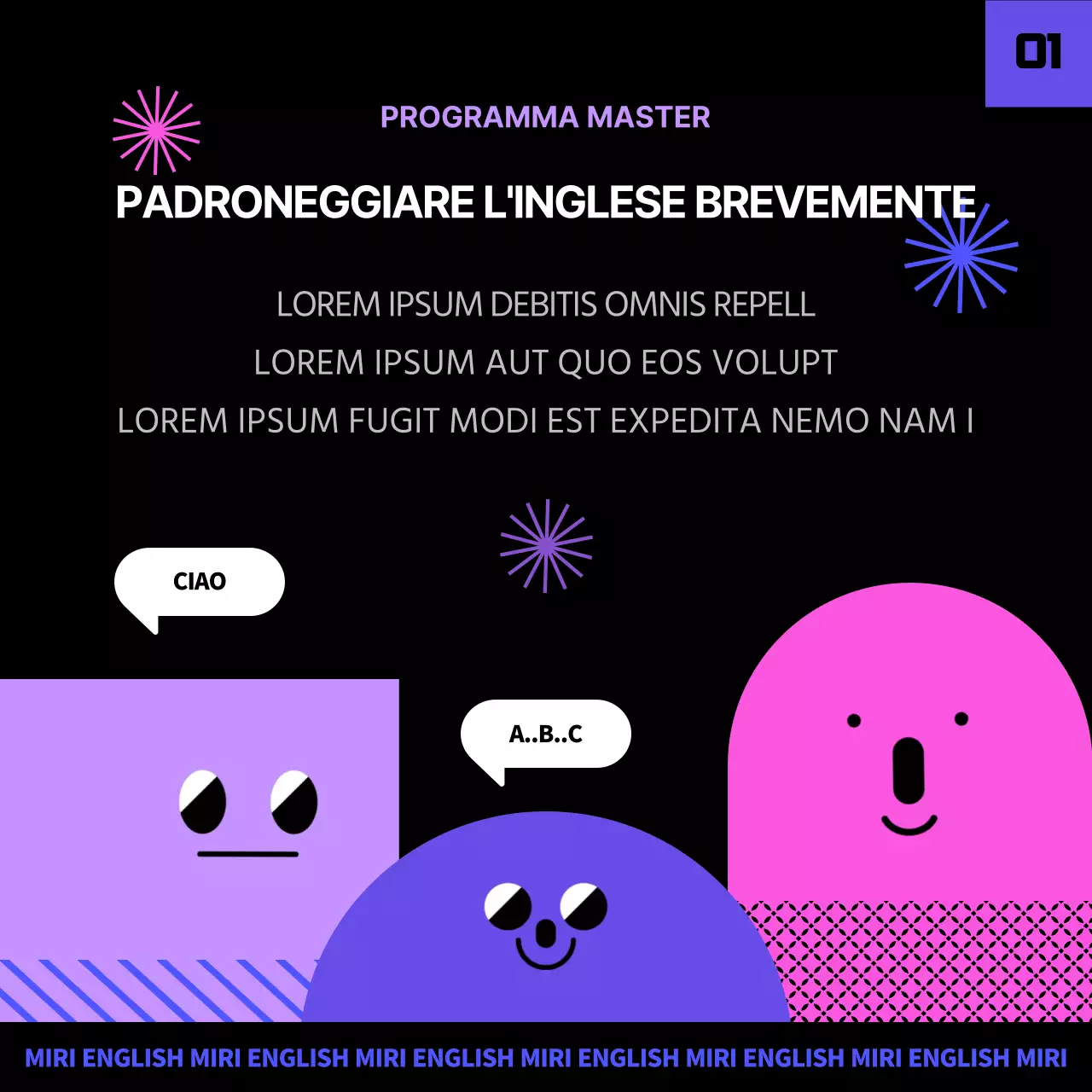 Programma di Master in inglese in nero e viola