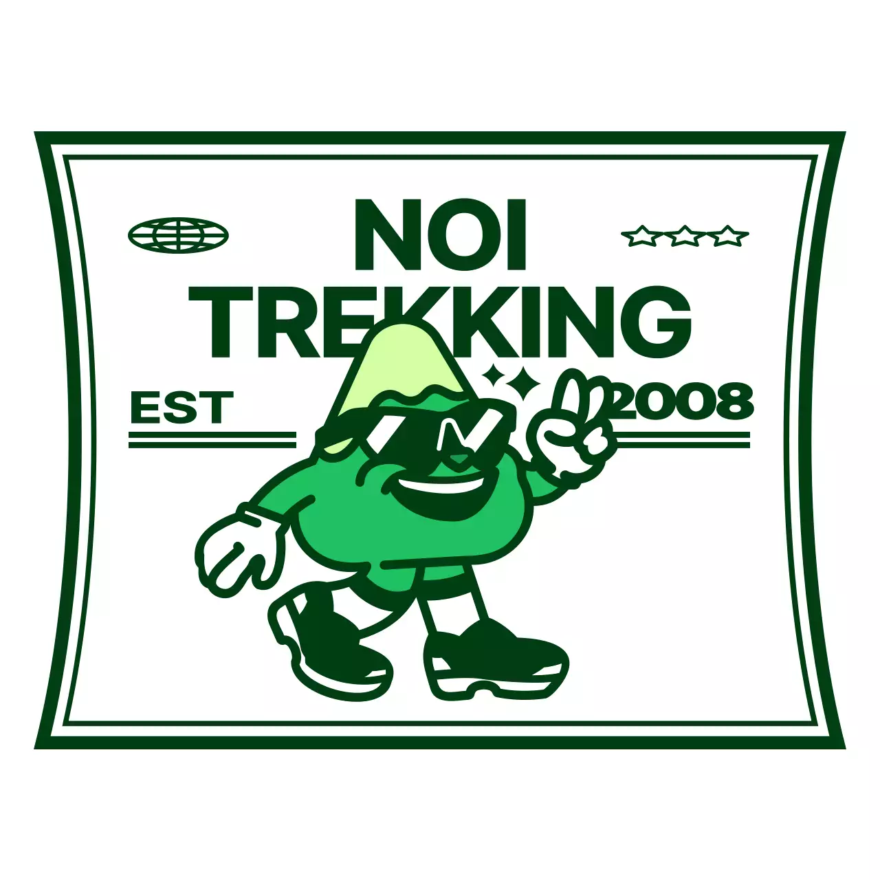 Logo in stile combinazione di testo e personaggio di montagna carino e alla moda, in verde e bianco, per la promozione e il merchandising di club di montagna.