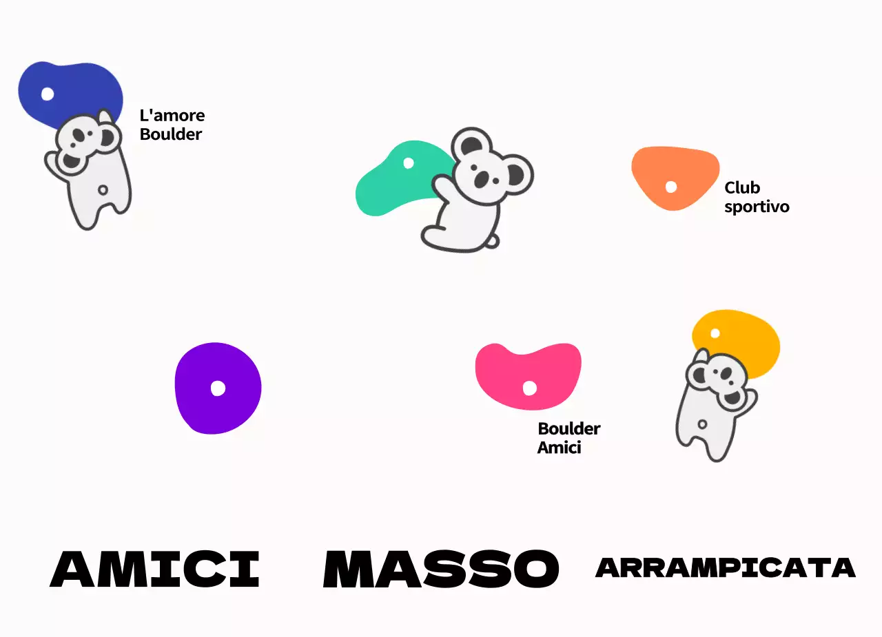 Un club di arrampicata semplice e carino con colori colorati e koala