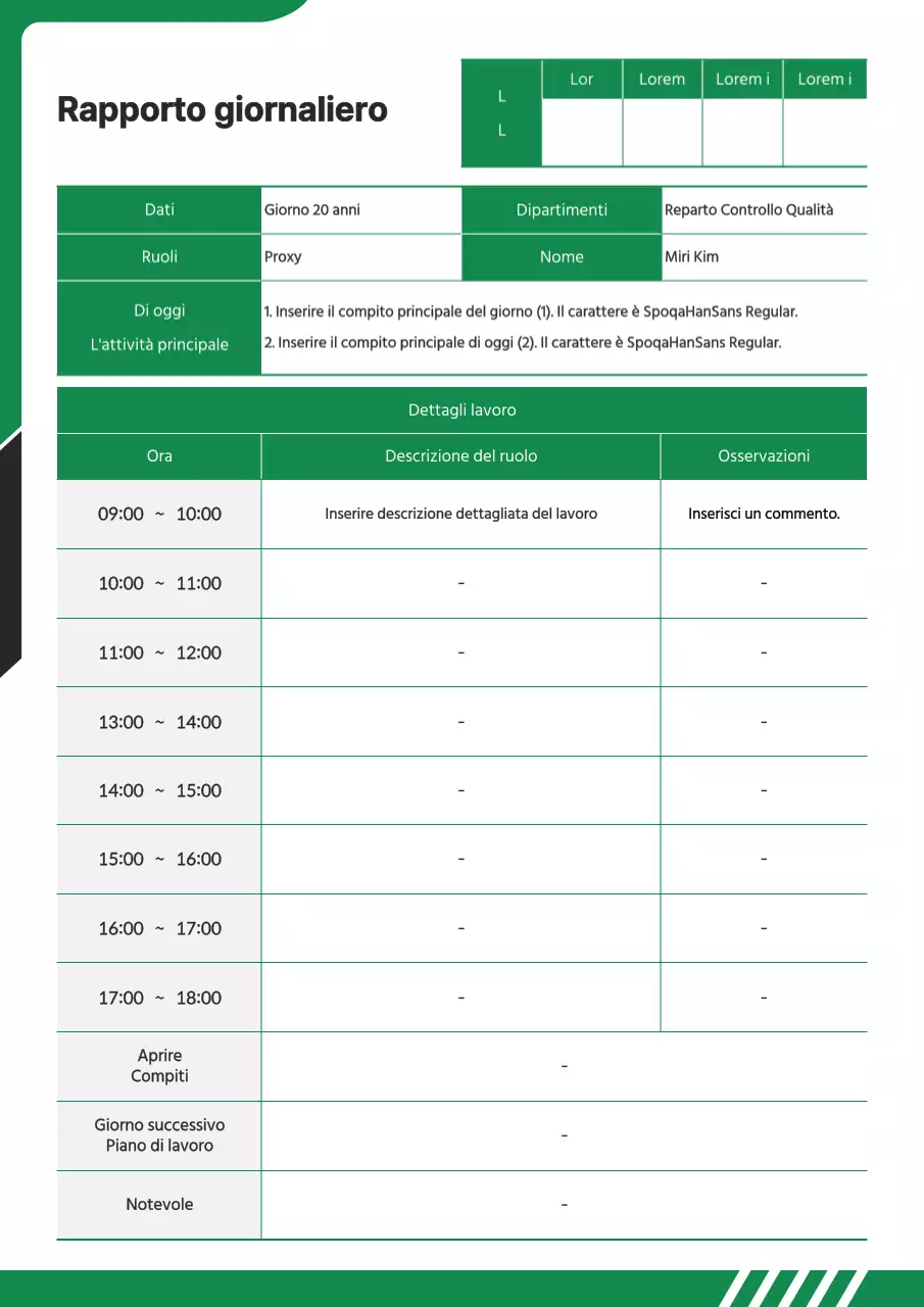 Un semplice rapporto giornaliero in nero e verde