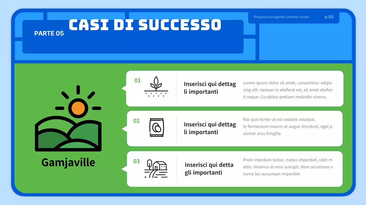 Proposta commerciale di villaggio agricolo in stile giocattolo azzurro