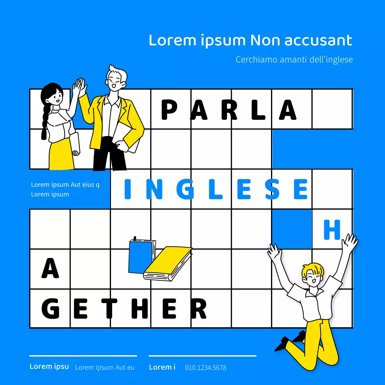 Design per il reclutamento di un club di conversazione inglese con illustrazione al tratto e schema di colori blu