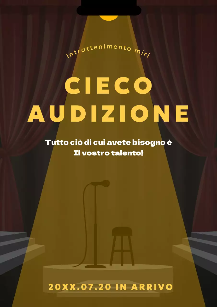 Annuncio di audizione con luci gialle sullo sfondo del palco