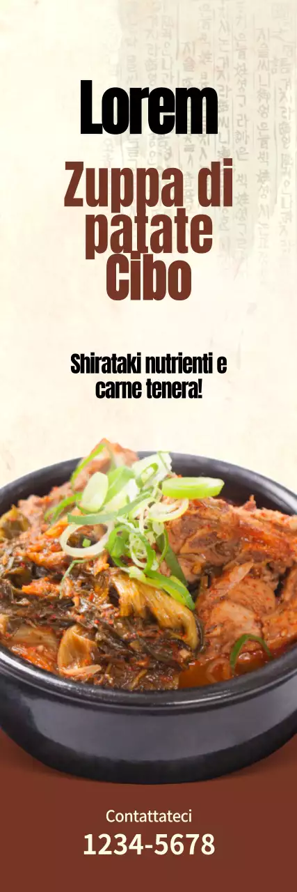 Promuovere una zuppa di patate dall'aspetto tradizionale su uno sfondo marrone