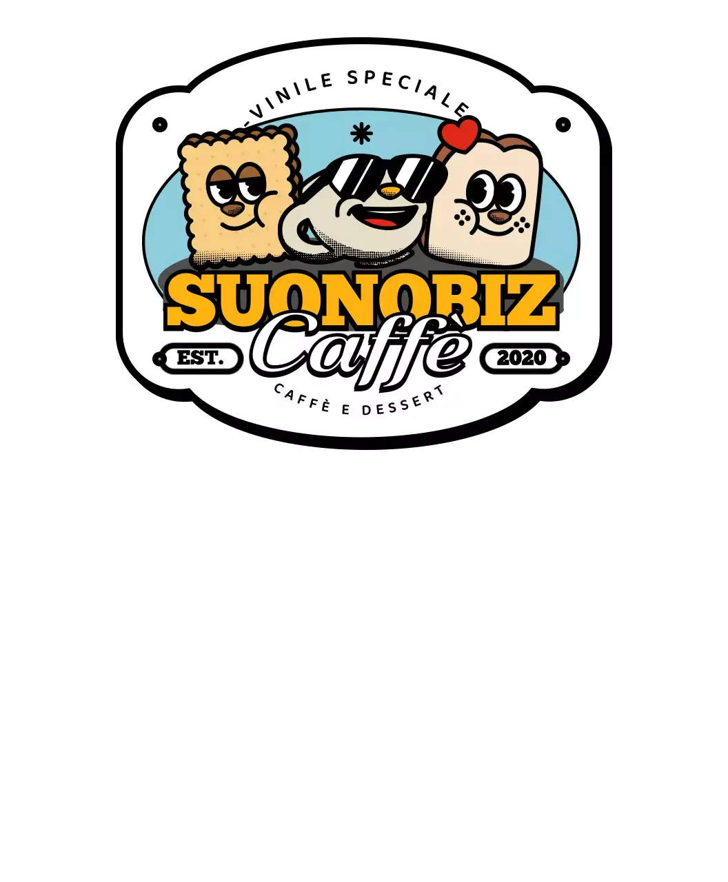 Una serie di prodotti da caffè in stile logo, simpatici e alla moda, nei colori giallo e nero.