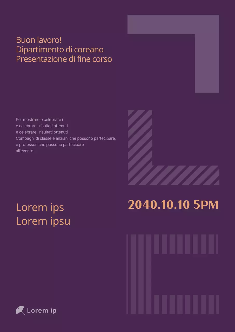 Presentazione di fine corso del dipartimento di lingua coreana con il concetto di tipografia delle consonanti coreane in toni viola