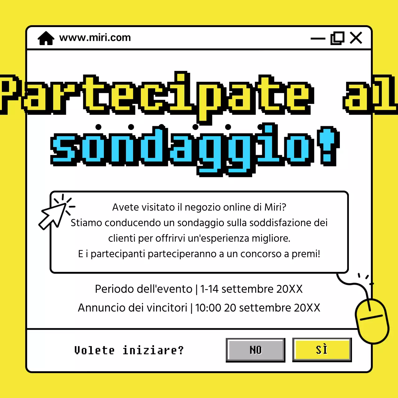 Annuncio di un evento di sondaggio con concetto di finestra internet colorata al neon giallo