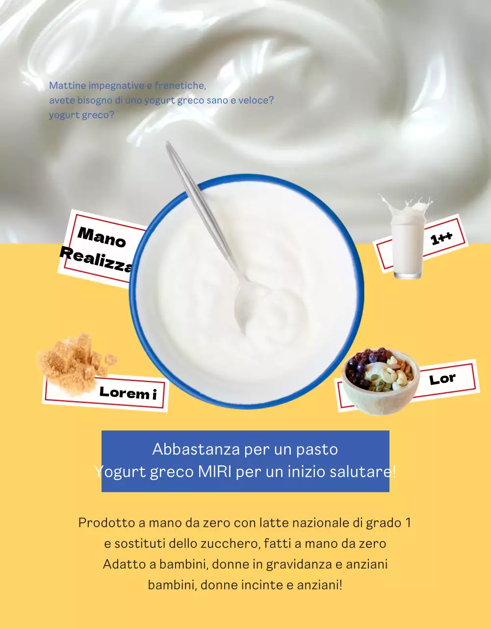 Pagina di dettaglio yogurt greco blu giallo vivido e pulito