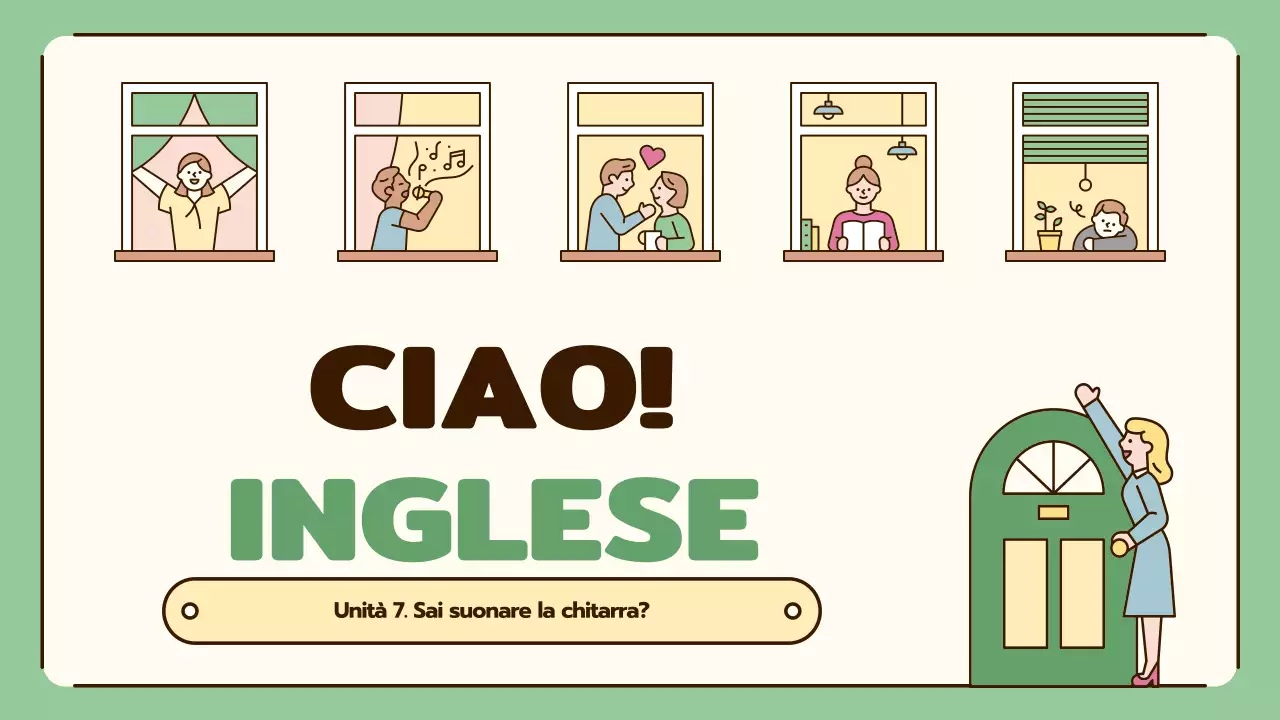 Lezioni di inglese con simpatiche illustrazioni in beige e verde
