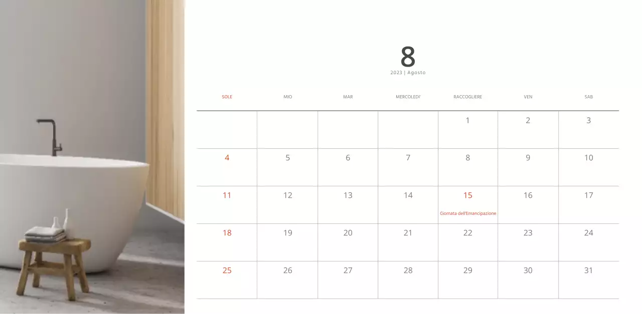 Calendario di interior design in stile bianco e pulito