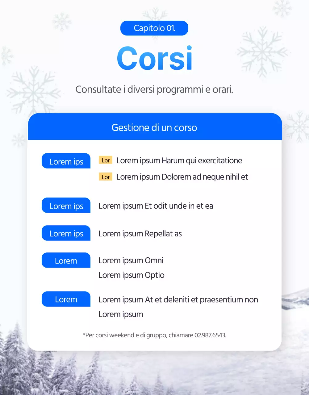 Lezioni di sci e snowboard a tema invernale in blu (pagina di dettaglio)