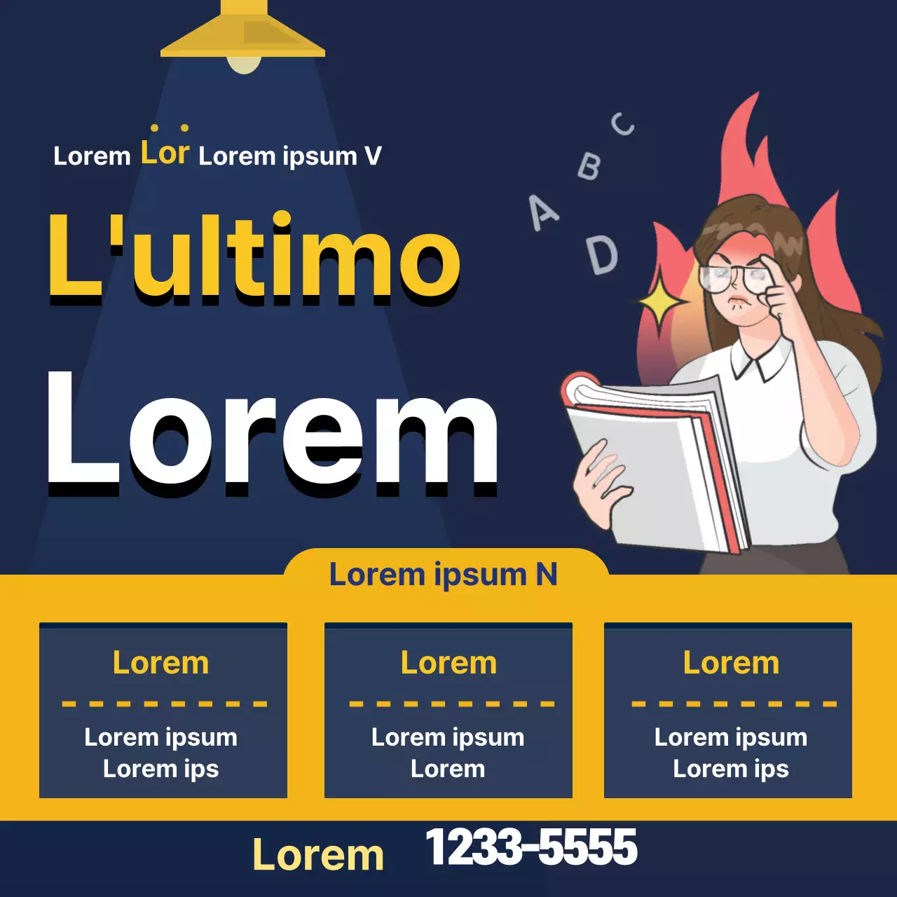 Illustrazione blu navy giallo studio scuola pubblicità