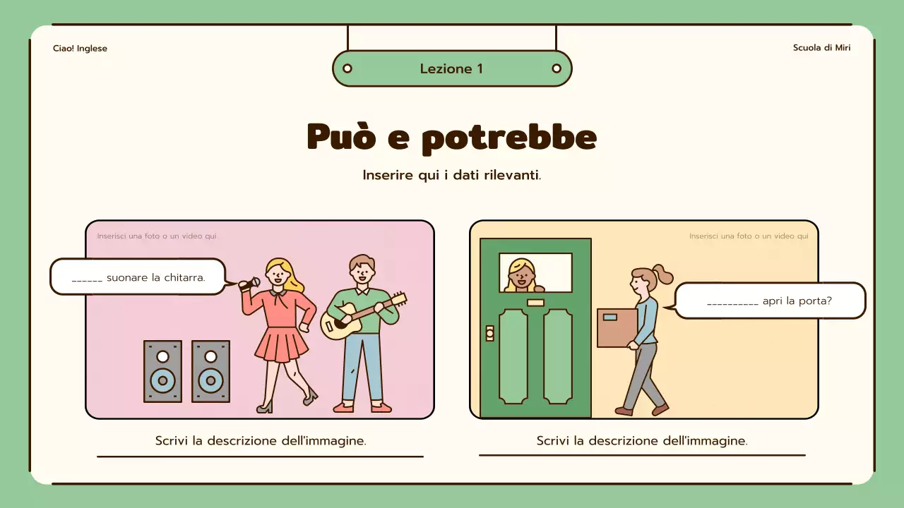 Lezioni di inglese con simpatiche illustrazioni in beige e verde