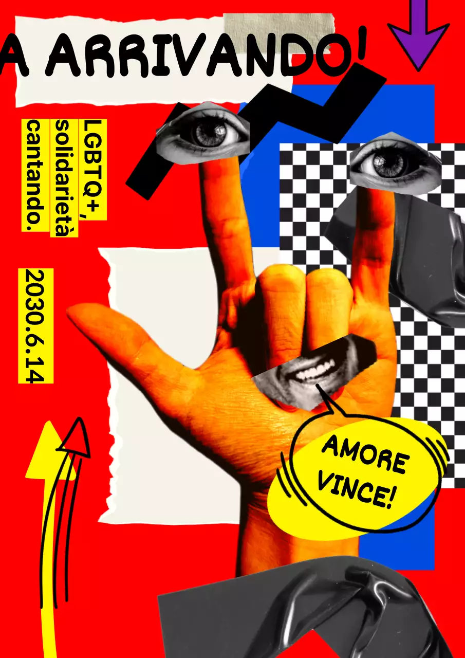 I festeggiamenti del Pride evidenziati da un collage di carta e corpi umani su uno sfondo colorato