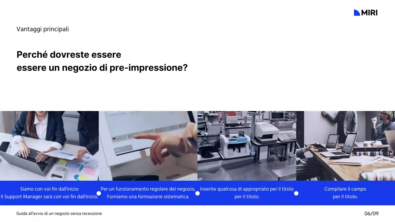 Guida all'avvio di un centro commerciale con schema di colori bianco, blu e nero e layout a griglia