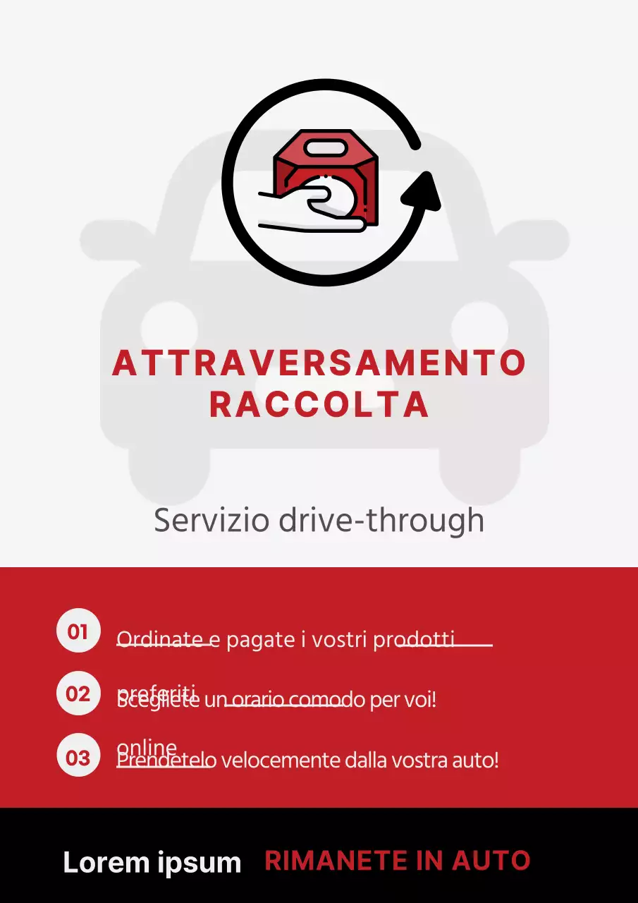 Indicazioni per il passaggio in auto con icone di auto e imballaggi rosse e nere