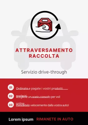 Indicazioni per il passaggio in auto con icone di auto e imballaggi rosse e nere