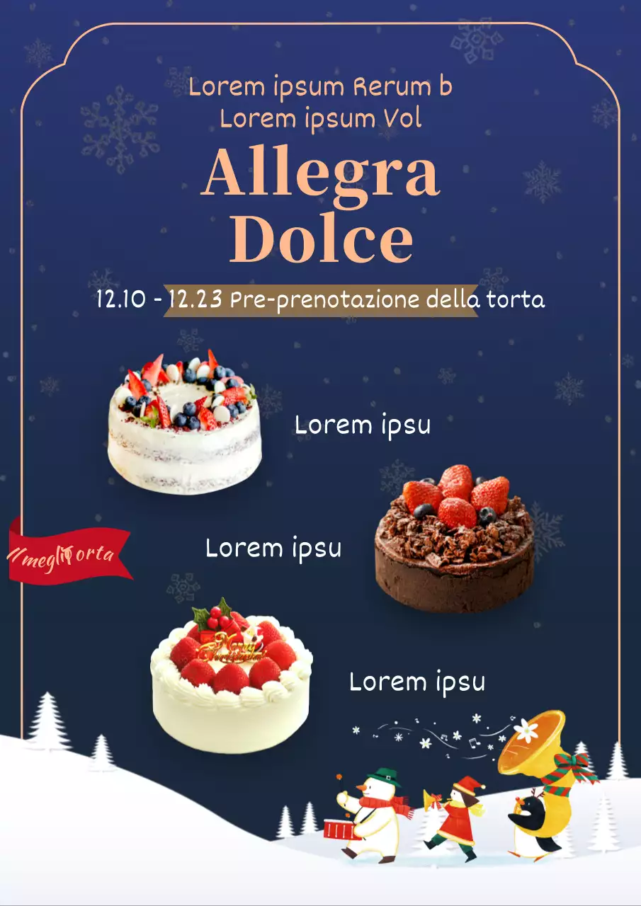 Poster per il pre-ordine della torta con sfondo blu e marrone chiaro