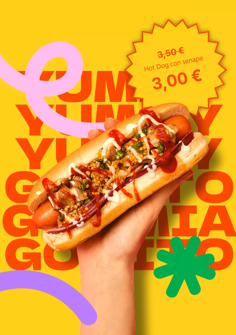 Poster colorato giallo e arancione per il menu alimentare